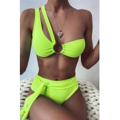 lovely One Shoulder Cut-Out Green Two-piece Swimsu