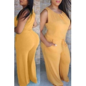 lovely Casual O Neck Lace-up Yellow Plus Size One-