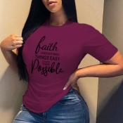 LW Casual O Neck Letter Print Wine Red T-shirt