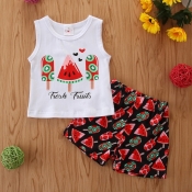 lovely Casual O Neck Print Whtie Girl Two-piece Sh