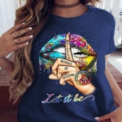 Lovely Leisure O Neck Lip Print Blue Plus Size T-s