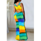 lovely Stylish Tie-dye Hollow-out Yellow Maxi Dres
