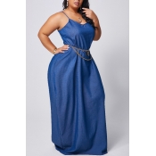 lovely Stylish V Neck Deep Maxi Plus Size Blue Den