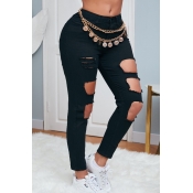 lovely Trendy Hollow-out Black Jeans