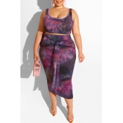 lovely Trendy U Neck Tie-dye Purple Plus Size Two-