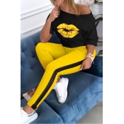 lovely Casual Lip Print Yellow Plus Size Two-piece