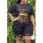 lovely Street O Neck Lip Print Black Plus Size Two