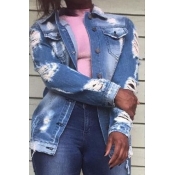 Lovely Stylis Turndown Collar Broken Holes Blue De