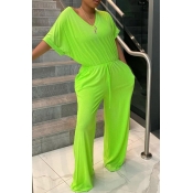 Lovely Stylish V Neck Lace-up Green Plus Size One-