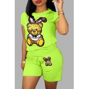 Lovely Casual Cartoon Print Green Two-piece Shorts