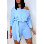 LW Leisure Lace-up Baby Blue One-piece Romper