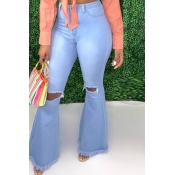 LW Trendy Stretchy Hollow-out Baby Blue Jeans