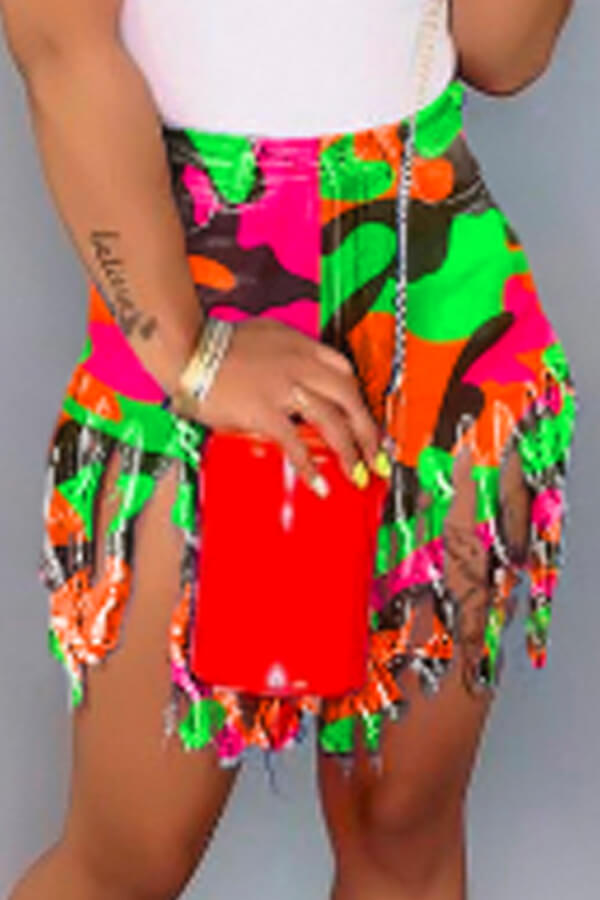 LW High Stretchy Tassel Design Multicolor Denim Shorts