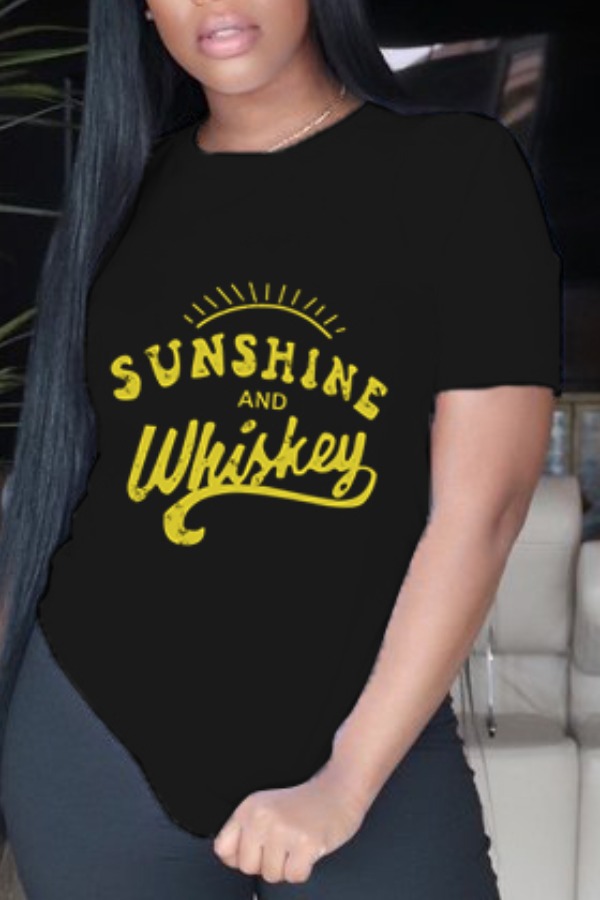 lovely Leisure O Neck Letter Print Black T-shirt