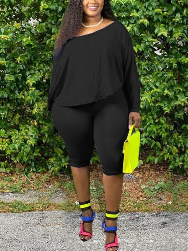LW Plus Size Leisure Basic Skinny Black Shorts Set