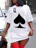 LW Plus Size Leisure O Neck Print White Mini Dress