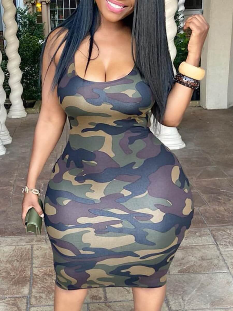 LW Plus Size Trendy Camo Print Army Green&nbsp;Knee Length Dress