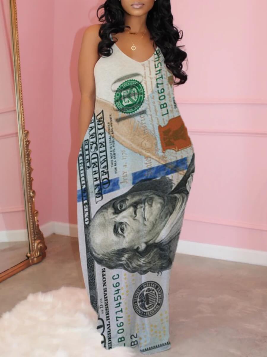 LovelyWholesale Plus Size Street Spaghetti Strap Print Grey Maxi Dress Summer Sleeveless Casual Vests V Neck  5X Spring Summer 2024