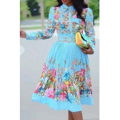 Lovely Stylish Plants Print Baby Blue Knee Length 