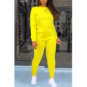 lovely Casual O Neck Basic Yellow Two Piece Pants 