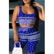lovely Trendy Print Blue Plus Size Two-piece Short