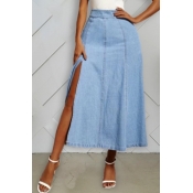 lovely Casual Side High Slit  Blue Denim Skirt