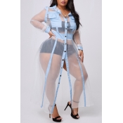 Lovely Casual See-through Blue Plus Size Coat
