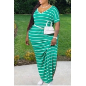 Lovely Leisure V Neck Striped Green Maxi Plus Size