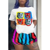 lovely Casual O Neck Print White Two Piece Shorts 