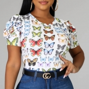 lovely Leisure O Neck Butterfly Print Multicolor T