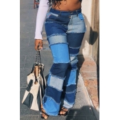 Lovely Plus Size Stylish Patchwork Blue Jeans