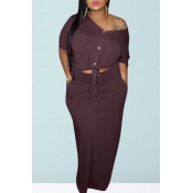 lovely Casual Buttons Design Wine Red Plus Size Tw