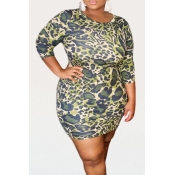lovely Casual O Neck Print Green Mini Plus Size Dr