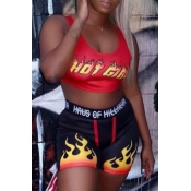 lovely Sportswear U Neck Letter Print Red Two-piec