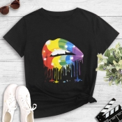 lovely Leisure O Neck Lip Print Black T-shirt