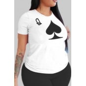 Lovely Plus Size Leisure O Neck Print White T-shir