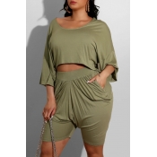 lovely Leisure O Neck Fold Design Army Green Loung