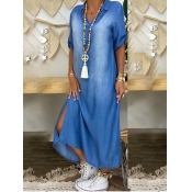 lovely Casual Side Slit Blue Ankle Length Dress