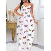 lovely Casual Butterfly Print White Maxi Dress