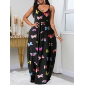 Lovely Casual Butterfly Print Black Maxi Dress