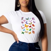 lovely Casual O Neck Butterfly Print White T-shirt