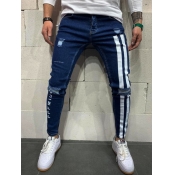 lovely Street Striped Broken Holes Deep Blue Jeans