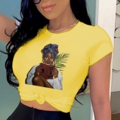lovely Leisure O Neck Print Yellow T-shirt