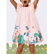 lovely Casual O Neck Plants Print Pink Girl Mini D