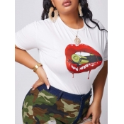 lovely Leisure O Neck Lip Print Red Plus Size T-sh
