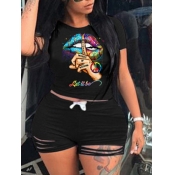 LW Plus Size Letter Lip Print Ripped Shorts Set