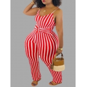 lovely Trendy Striped Red Plus Size One-piece Jump