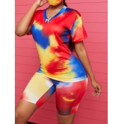 lovely Casual V Neck Tie Dye Red Two Piece Shorts 