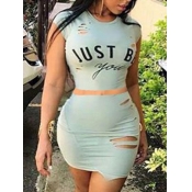 lovely Casual O Neck Letter Print Light Green Two 