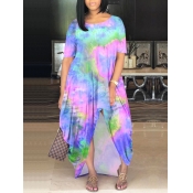 Lovely Casual O Neck Tie-dye Pink Maxi Plus Size D